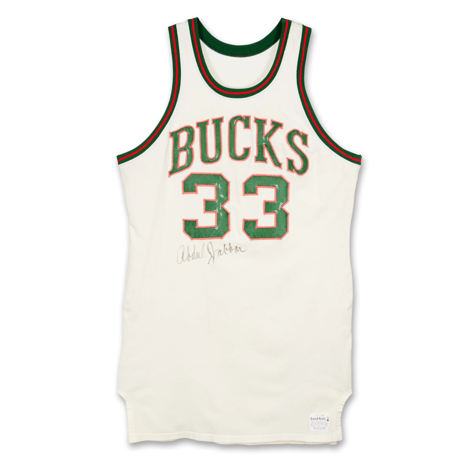View 1 of Lot 17: Lew Alcindor 1971 NBA Finals Milwaukee Bucks Game Worn and Signed Jersey 1st Championship 2nd Season 1st MVP Finals MVP Matched t...