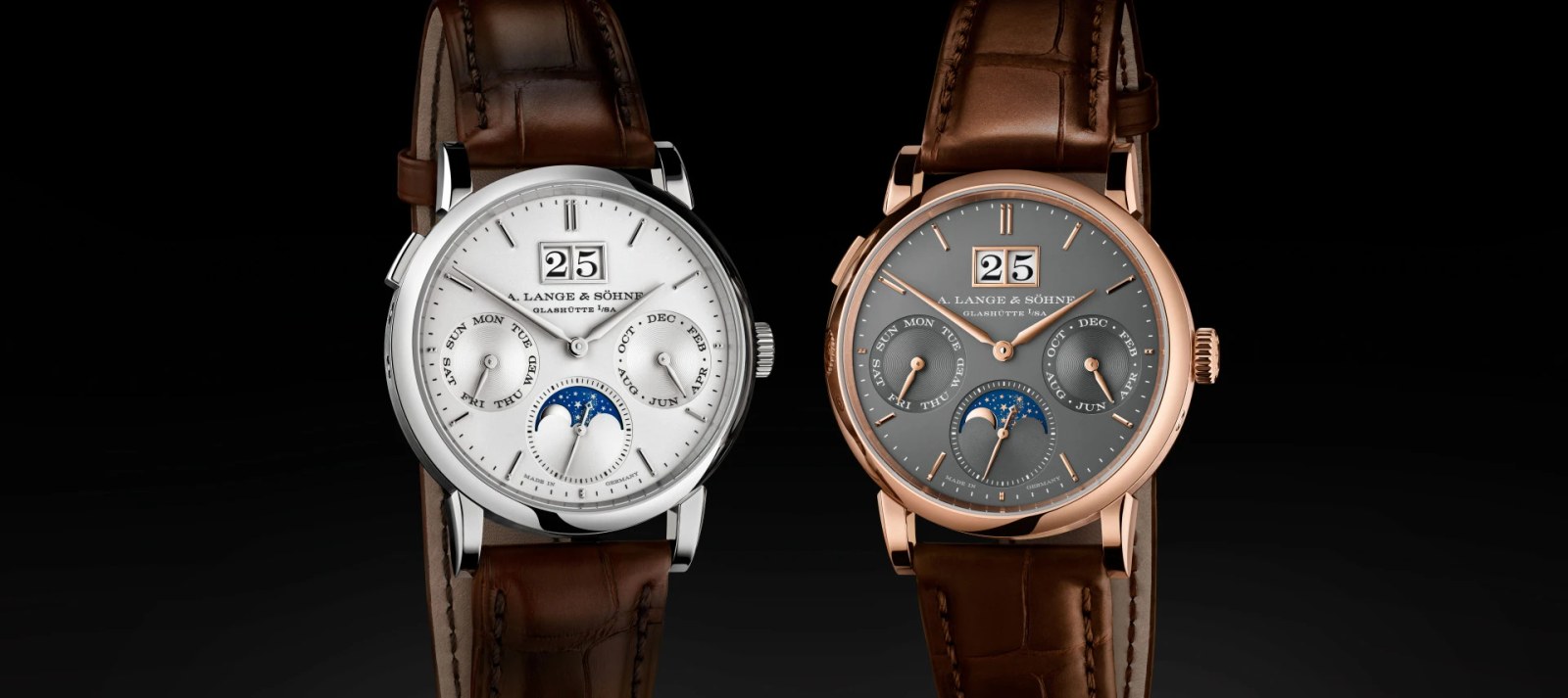 The A. Lange & Söhne Saxonia Annual Calendar in pink gold with a grey dial.