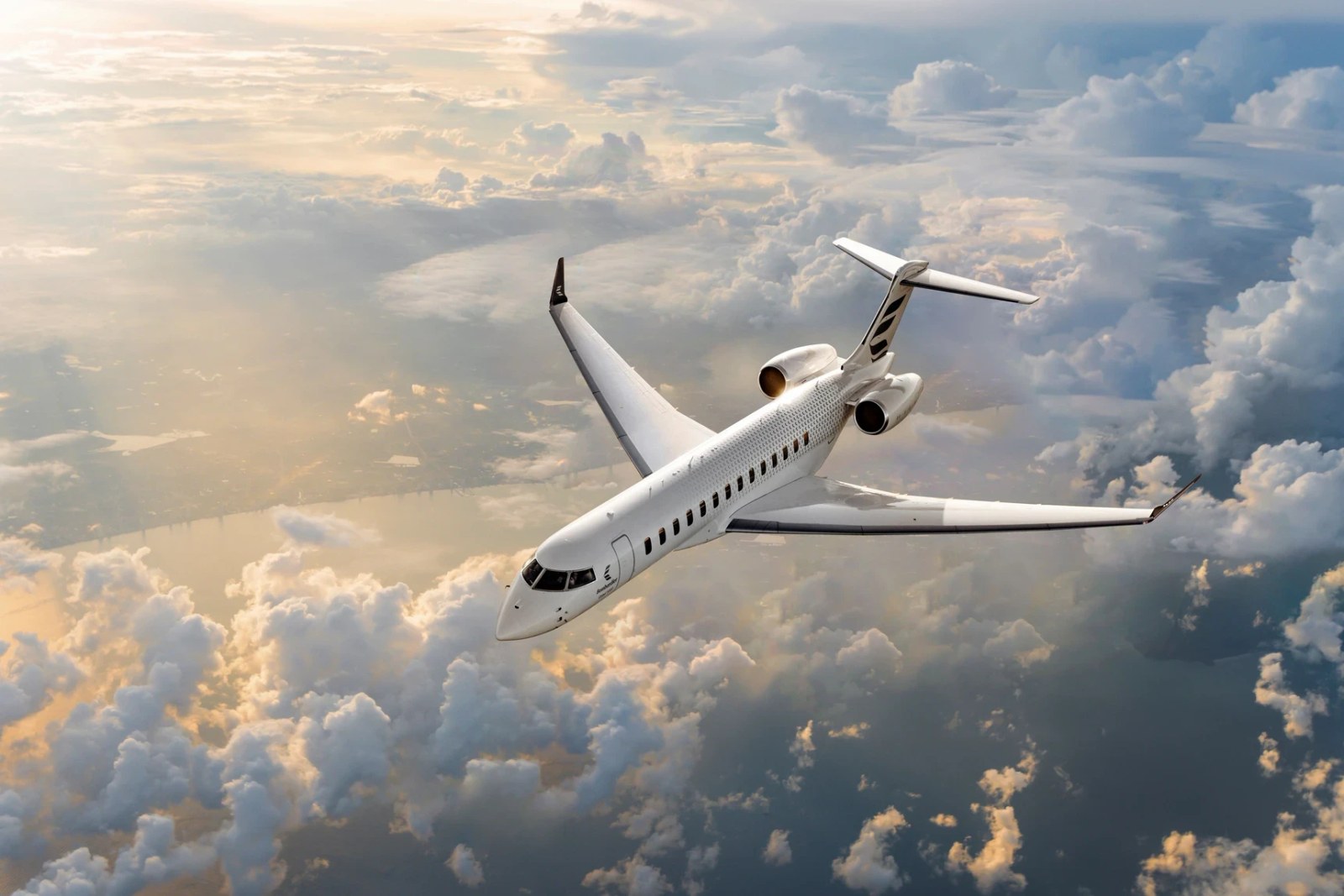 The Bombardier Global 8000 in flight over clouds.