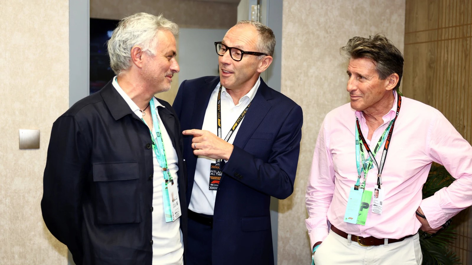 José Mourinho in conversation with F1 CEO Stefano Domenicali in the paddock.