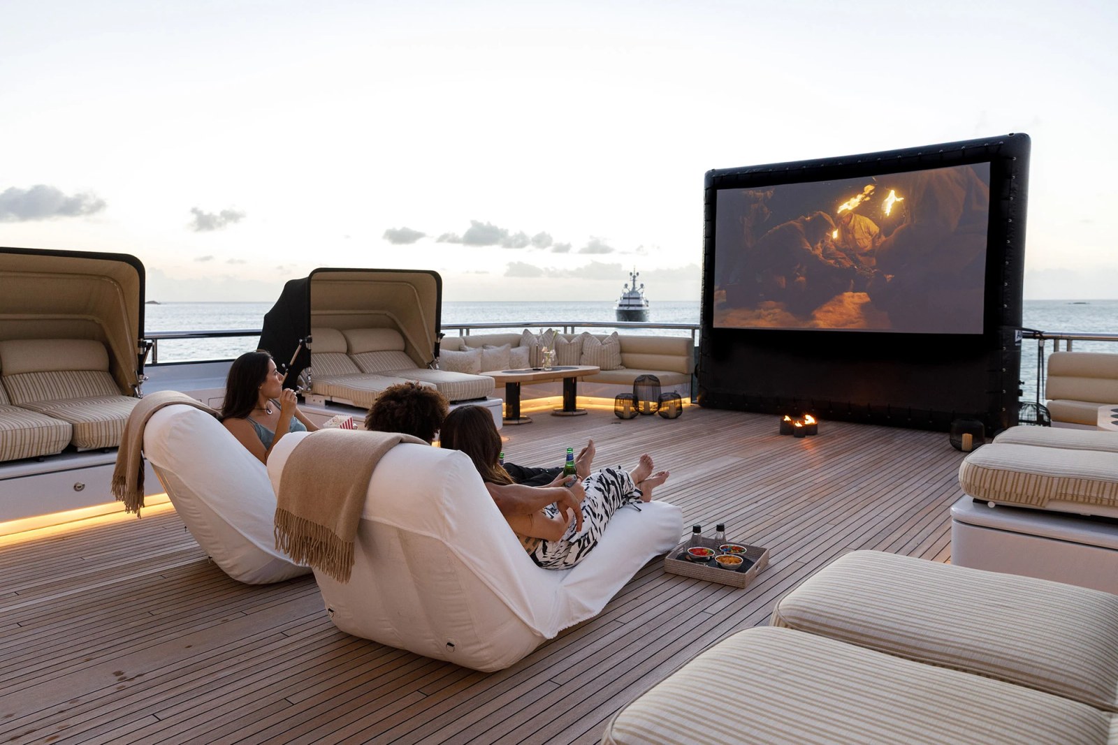 Outdoor cinema setup on the deck of STARFIRE.