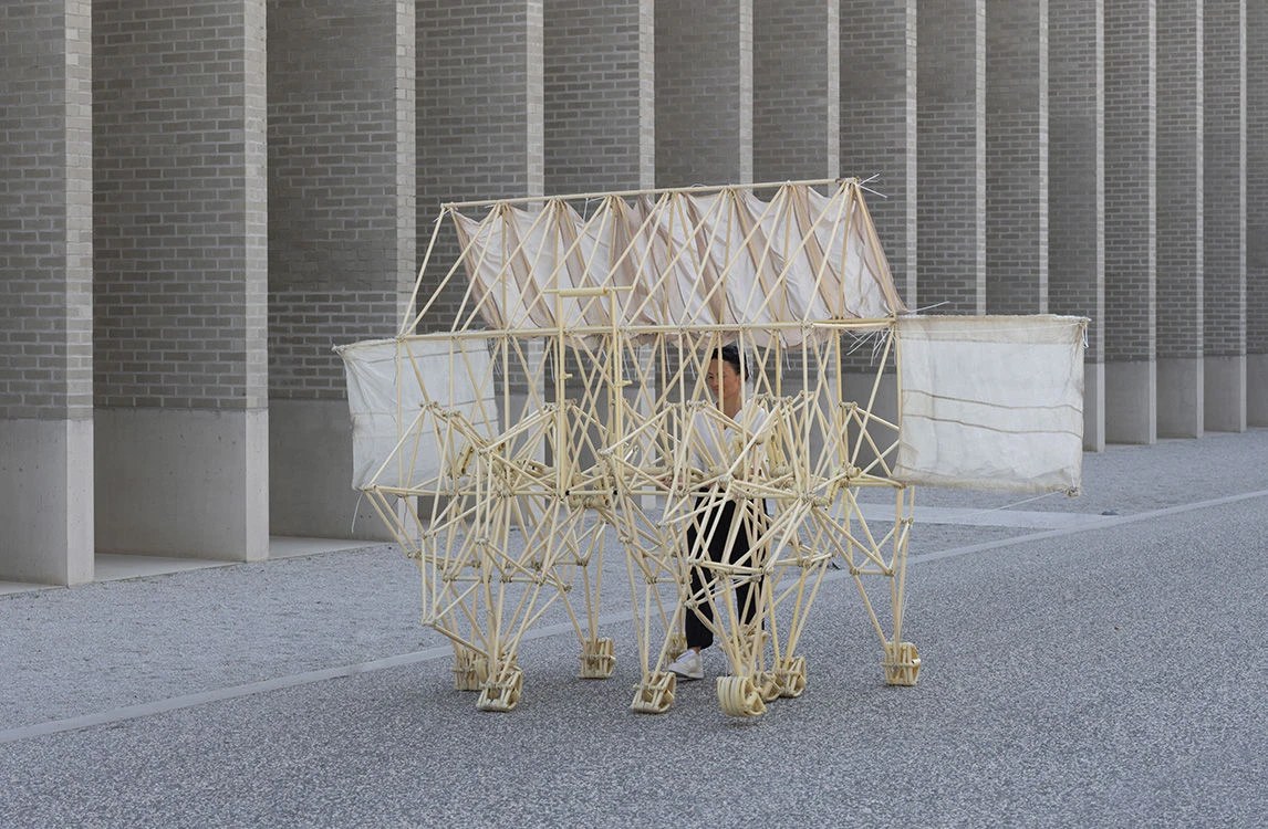 A detailed view of the leg-like mechanisms of a Strandbeest.