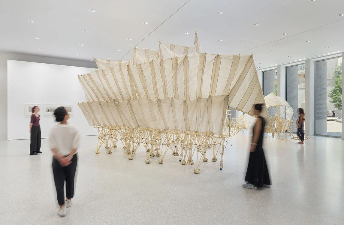 Artist Theo Jansen standing with one of his large-scale Strandbeest creations.