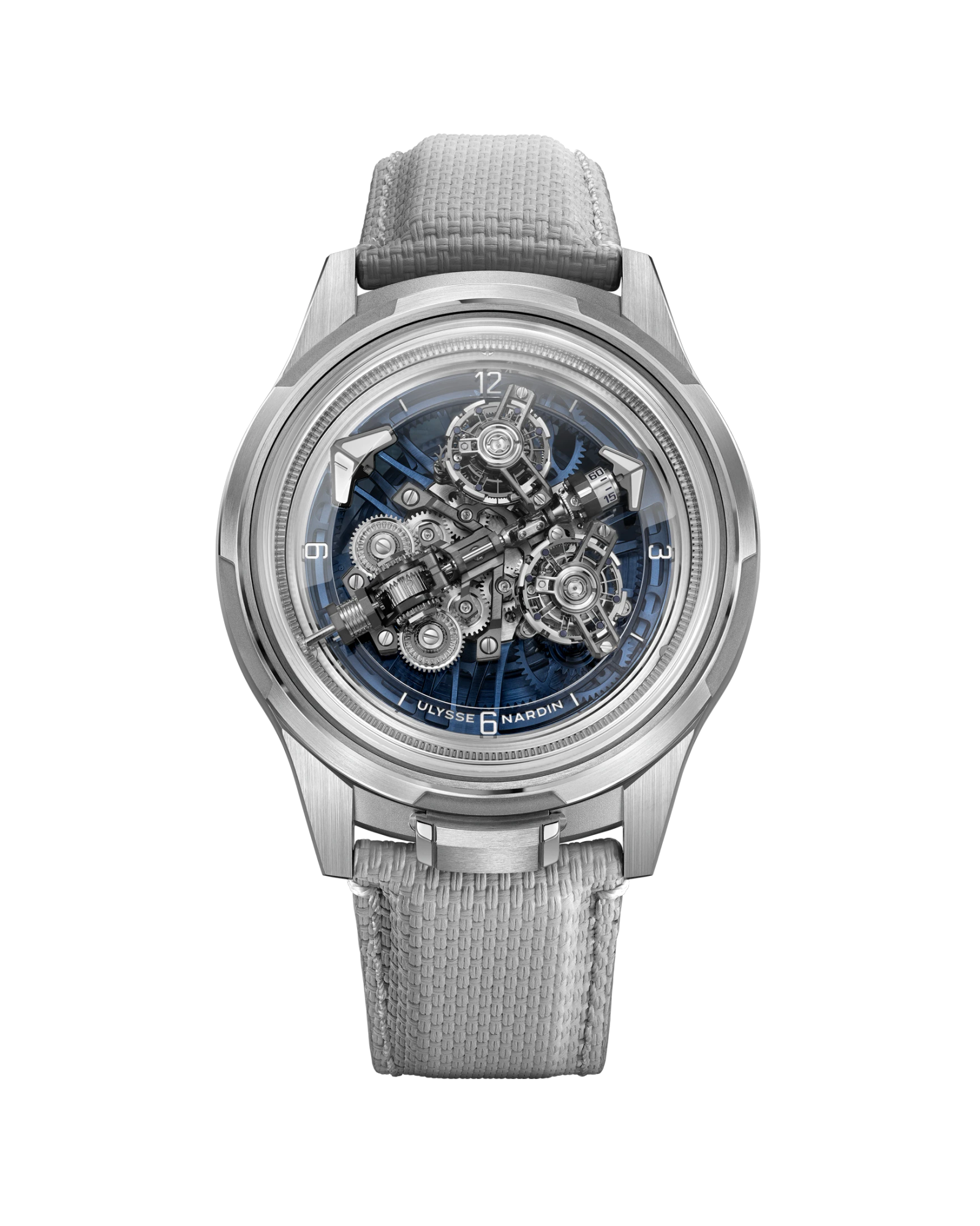 The grey rubber strap and white gold deployant buckle of the Ulysse Nardin watch.