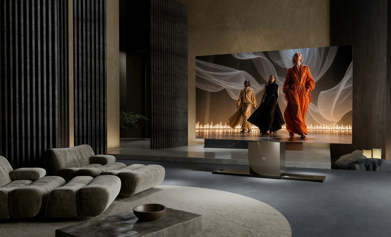 The BUGATTI N1 nearly fully deployed in a modern living space.