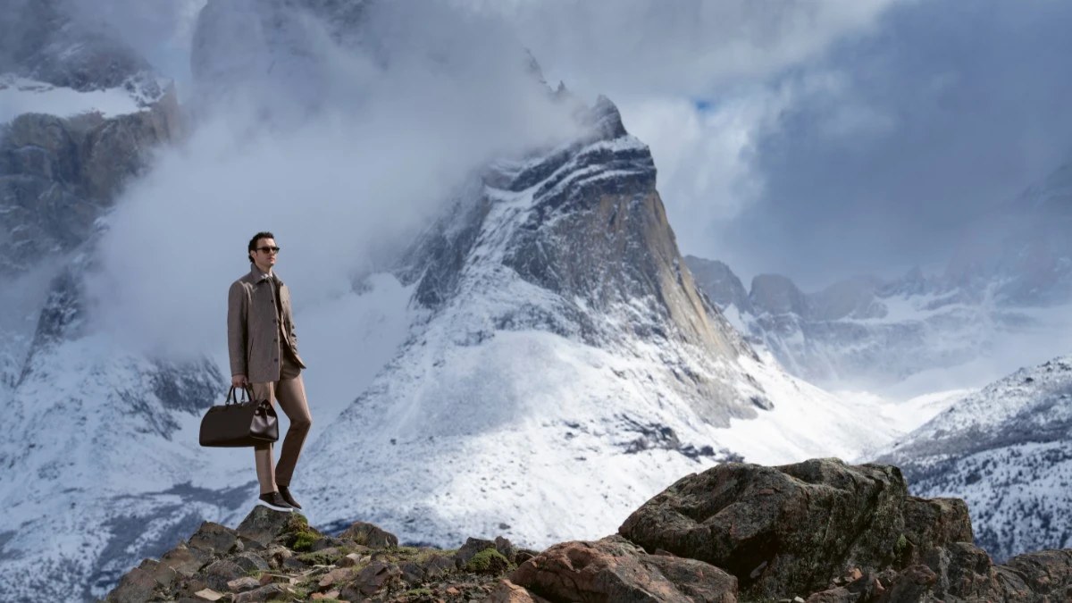 Model wearing Stefano Ricci in Mirador Bader Valley, Patagonia.