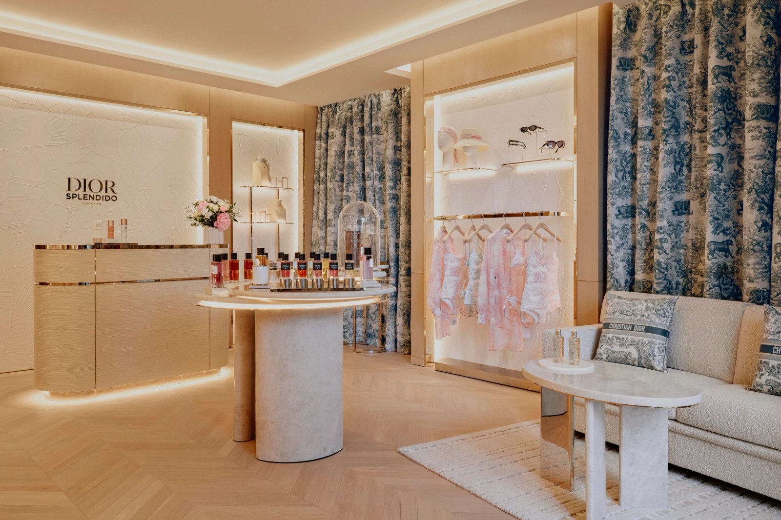 Interior of a Dior spa treatment room featuring the Toile de Jouy pattern.