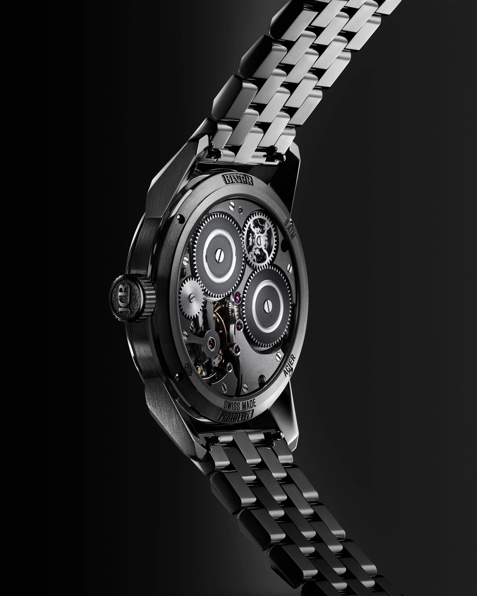 The white gold movement visible through the caseback of the Biver AB watch.