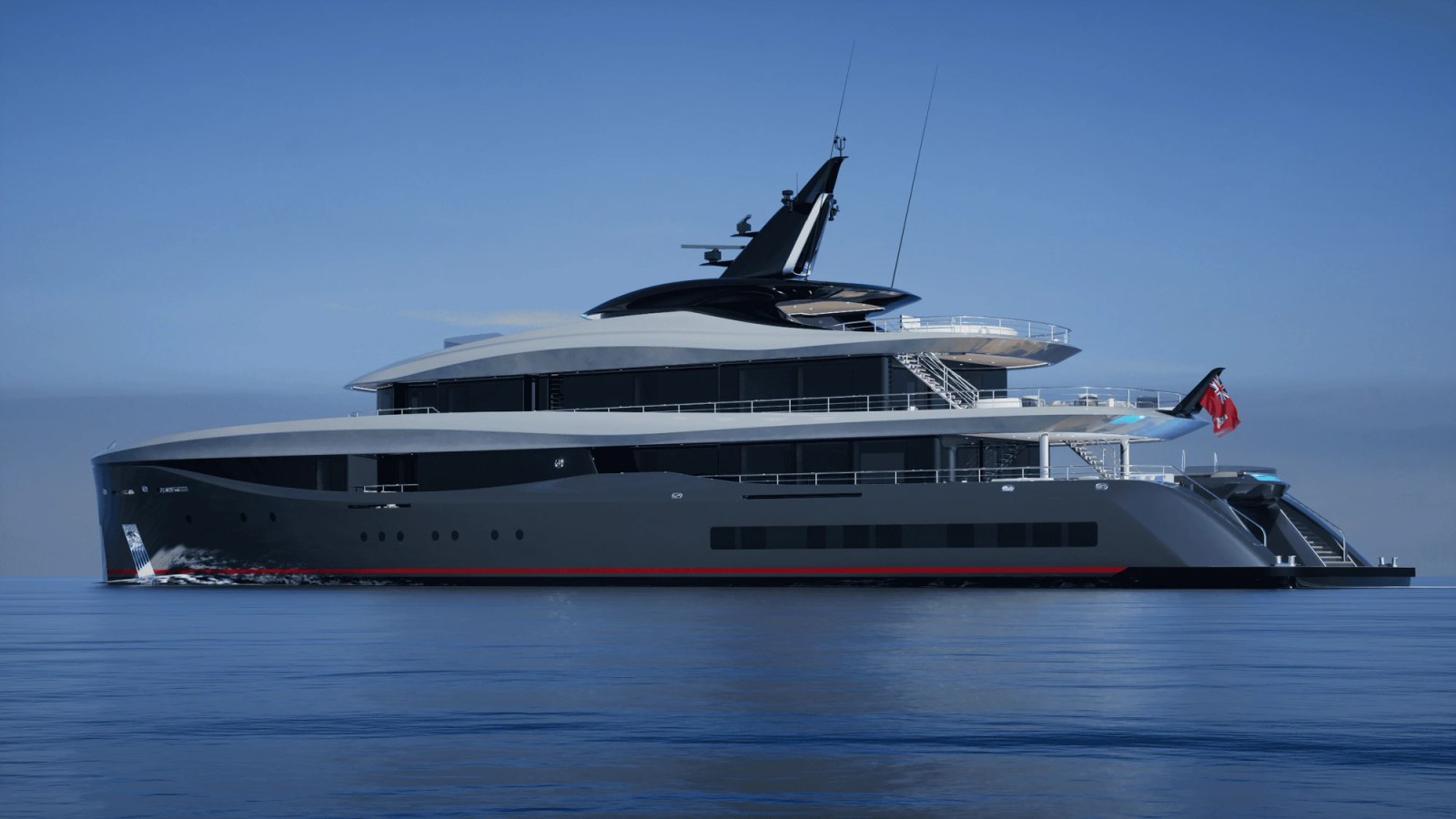 The beach club of the ARUBY yacht with fold-out platforms and access to the water