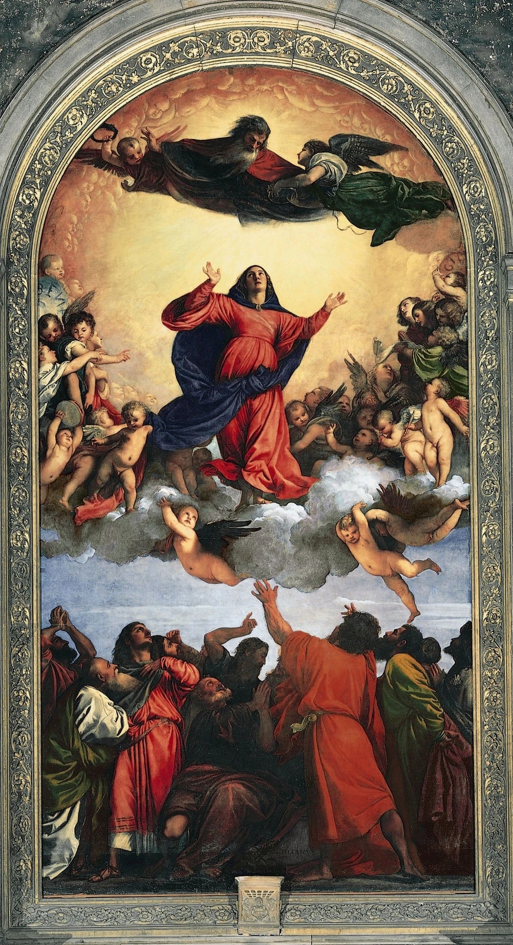 b5adc7b19ce180b5%2Ffrari-venice-coro-dei-frati-marble-entrance-copy-scaled.jpg) Titian’s “Assumption of the Virgin” seen through the choir-screen at the Basilica di Santa Maria Gloriosa dei Frari. Photo by [Didier Descouens](https://commons.wikimedia.org/wiki/User:Archaeodontosaurus), CC BY-SA 4.0 | Titian, “Assumption of the Virgin,” 1516–18, in the Basilica di Santa Maria Gloriosa dei Frari, Venice.