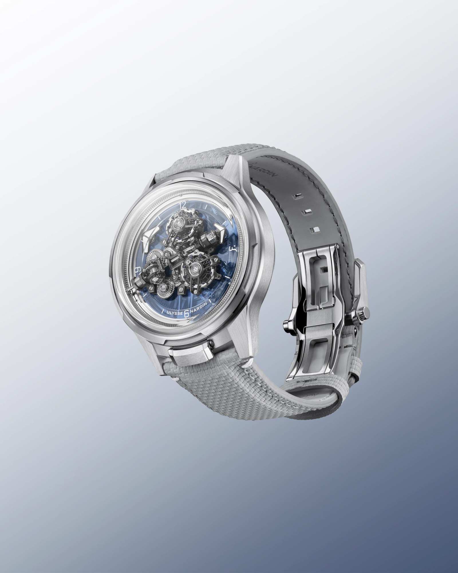 A detailed close-up of the Ulysse Nardin [Super] Freak's twin tourbillons and escapement.