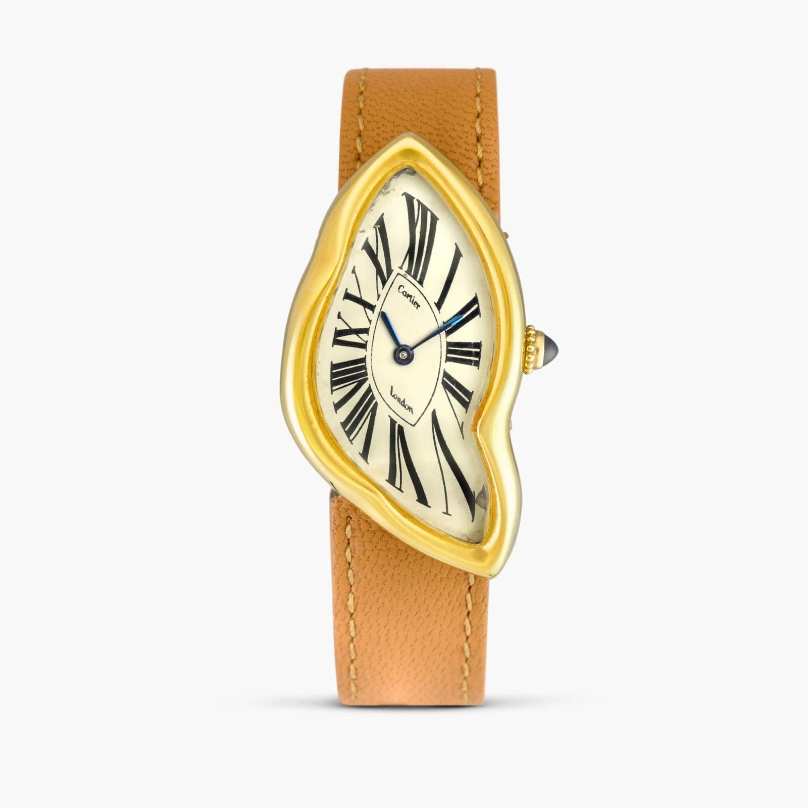 A rare 1987 Cartier Crash London watch on a brown leather strap.