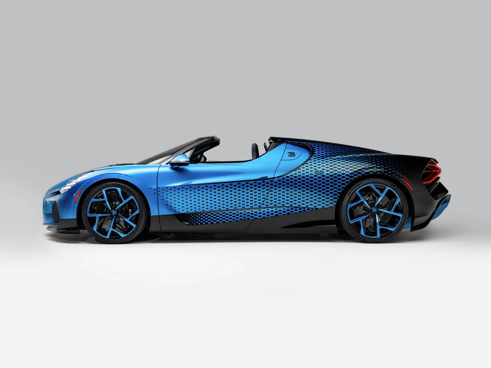 Rear view of the Bugatti W16 Mistral 'Fly Bug' showing the X-themed tail lights.