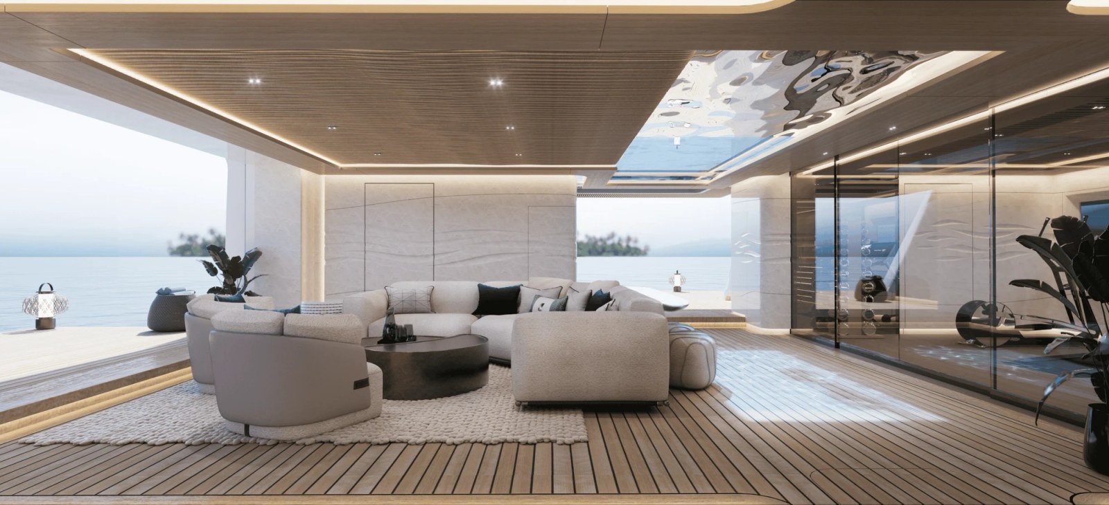 The main salon of the ARUBY yacht concept showing a modern and spacious design
